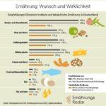 Die Grafik vergleicht die Empfehlungen der Planetary Health Diet mit denen der Deutschen Gesellschaft für Ernährung und den tatsächlichen Verzehrsmengen in Deutschland.