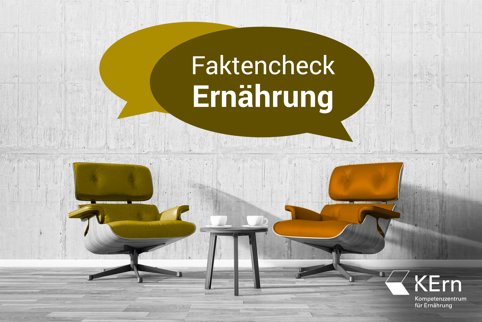 Zwei Sessel mit einem Beistelltisch zwischen ihnen und einer Sprechblase mit der Beschriftung "Faktencheck Ernährung" darüber.