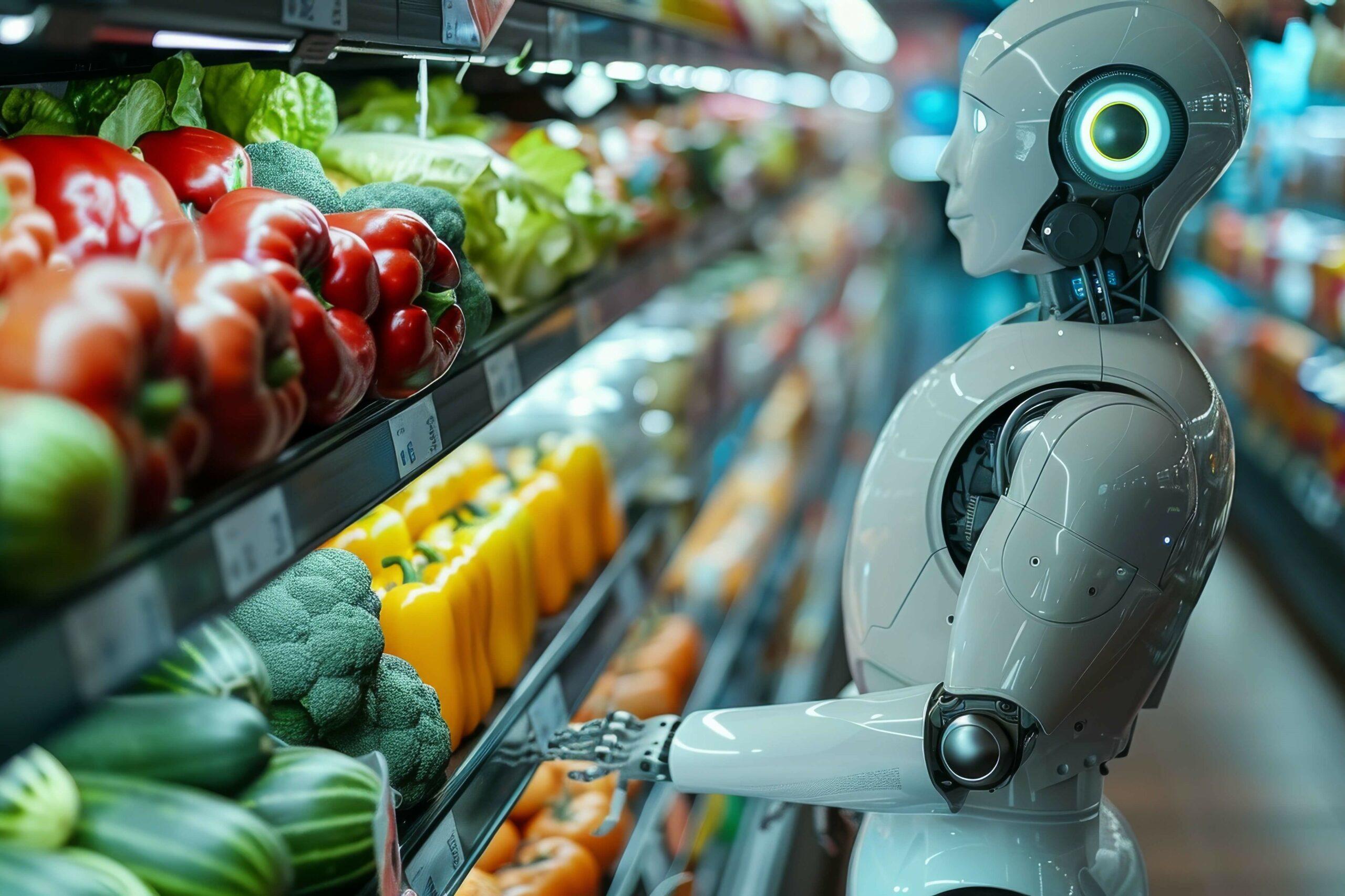 Ein humanoider Roboter steht vor einem Gemüseregal im Supermarkt.