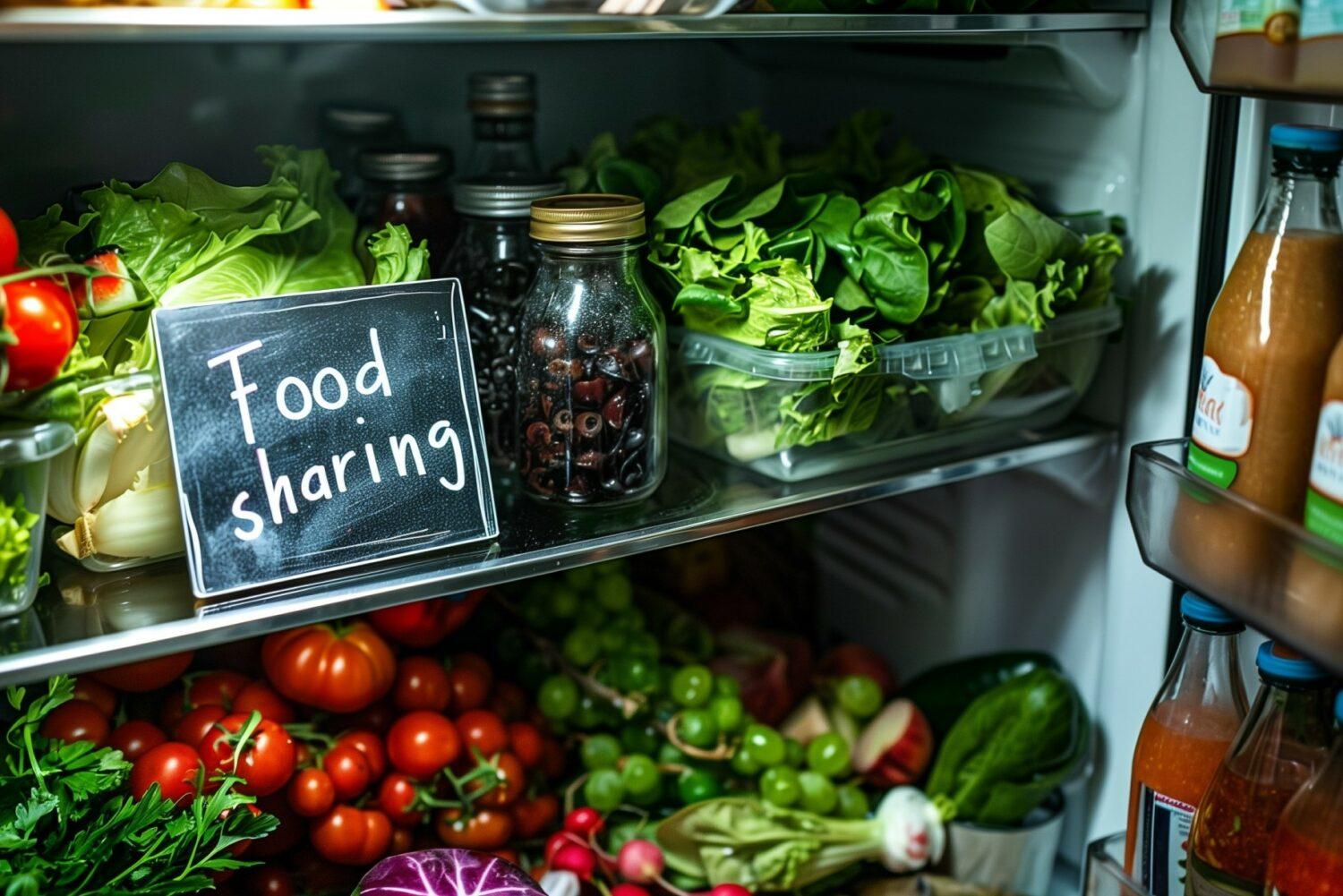 Kühlschrank, gefüllt mit Gemüse und anderen Lebensmitteln und einem Schilf, auf dem „Food sharing“ steht (KI-generiert)