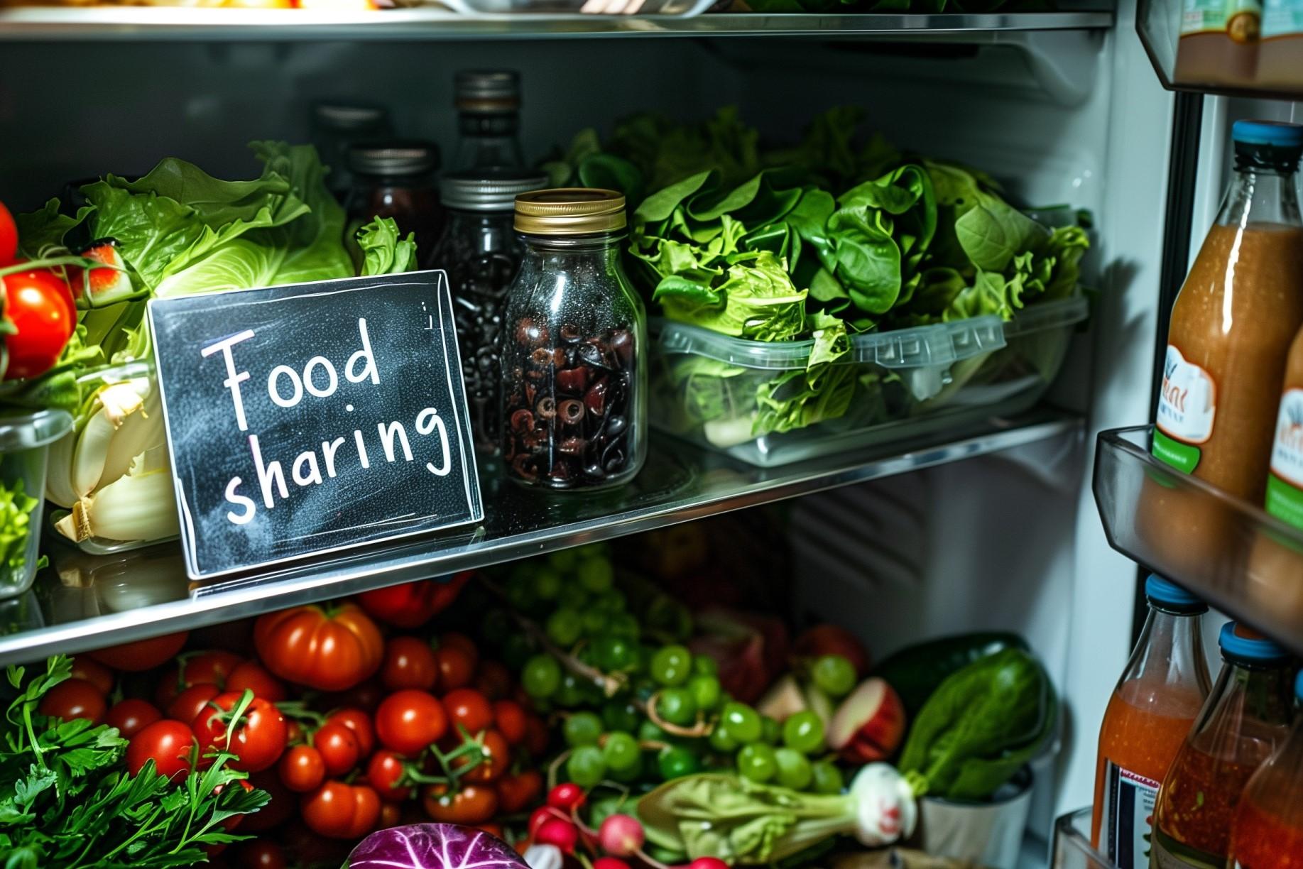 Kühlschrank, gefüllt mit Gemüse und anderen Lebensmitteln und einem Schilf, auf dem „Food sharing“ steht (KI-generiert)