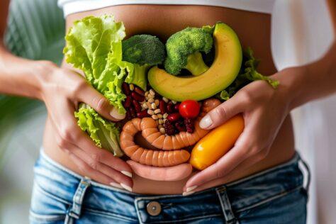 KI-generiertes Bild, auf dem der Oberkörper einer Person zu sehen ist, die verschiedene Lebensmittel vor Ihren Bauch hält, die zusammen aussehen wie ein Darm.