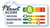Logo Planet-Score: Eine farbige Anzeige mit Buchstaben (von dunkelgrün (A) bis rot (E), und drei Unterkategorien.
