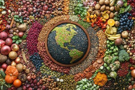 KI-generiertes Bild, auf dem der Planet Erde aus Hülsenfrüchten nachgebildet wurde, umgeben von Hülsenfrüchten, Gemüse und Obst