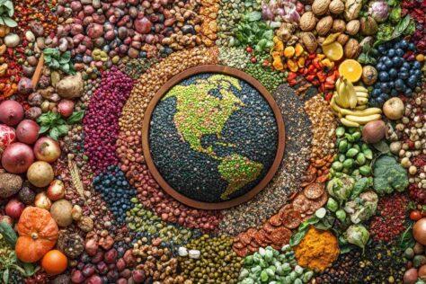 KI-generiertes Bild, auf dem der Planet Erde aus Hülsenfrüchten nachgebildet wurde, umgeben von Hülsenfrüchten, Gemüse und Obst