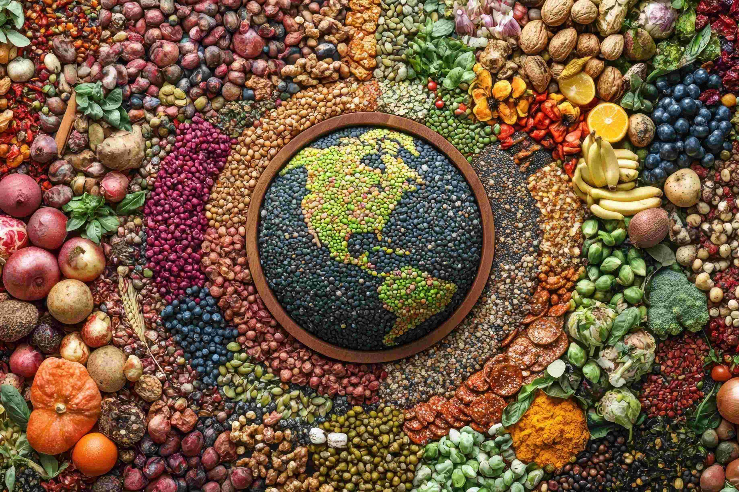 KI-generiertes Bild, auf dem der Planet Erde aus Hülsenfrüchten nachgebildet wurde, umgeben von Hülsenfrüchten, Gemüse und Obst