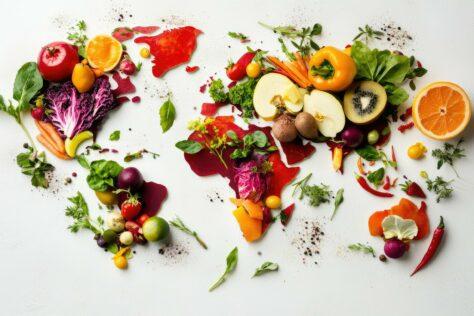 KI-generiertes Bild, auf dem die Weltkarte mithilfe von Obst und Gemüse dargestellt ist.