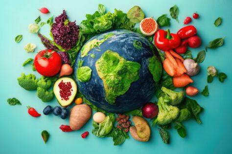 KI-generiertes Bild der Erde, umgeben von Gemüse vor einem türkisen Hintergrund