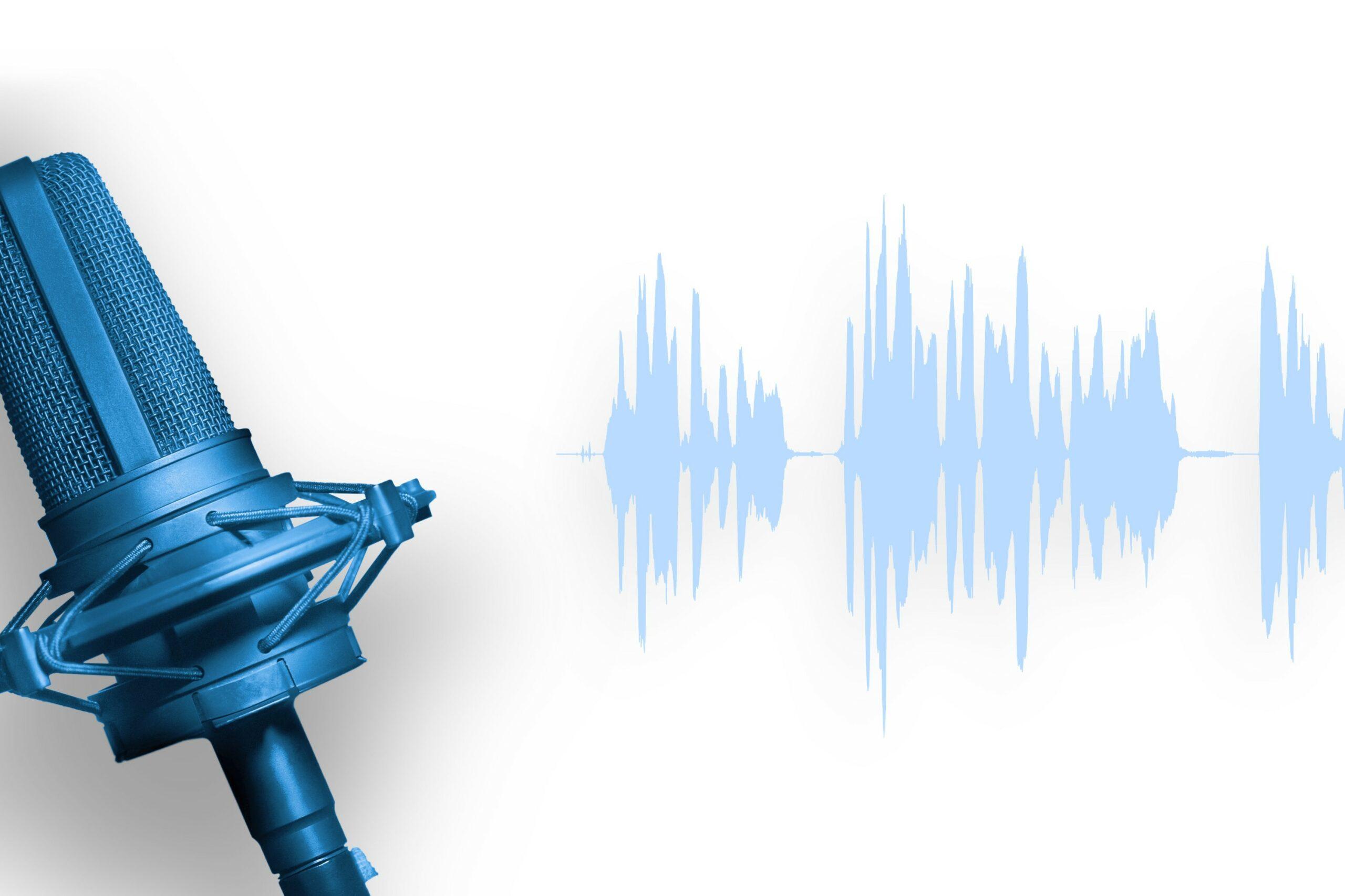 Links ist ein blaues Mikrofon zu sehen und rechts daneben Soundwellen.