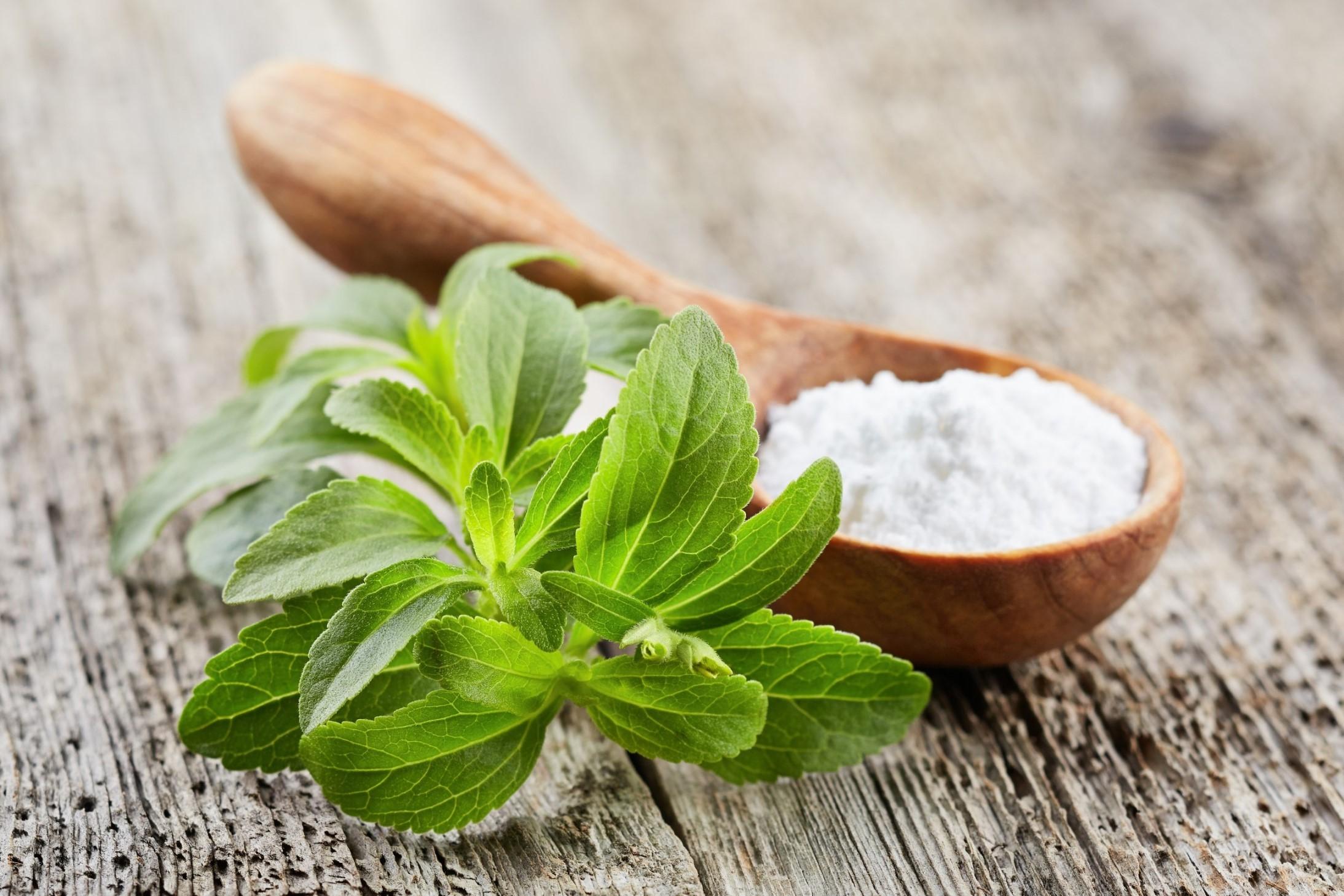 Ein Löffel mit Stevia-Pulver liegt auf einem Holztisch neben einem Büschel Steviakraut.