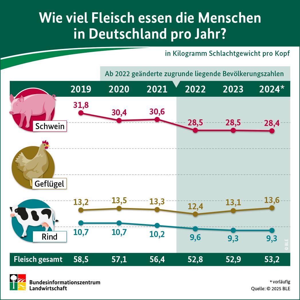 Grafische Übersicht über den Fleischkonsum in Deutschland von 2019–2024 für Schwein, Geflügel und Rind
